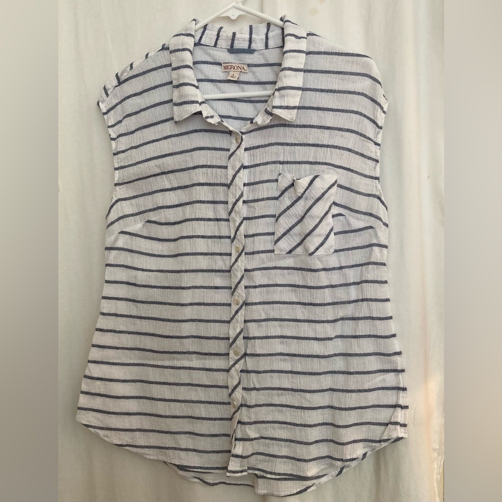 Merona Black & White Cotton Sleeveless Striped Button Front Top Size L